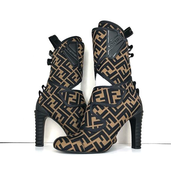 Fendi Lycra Vitello FF Logo Tape Promenade Heeled Boots 38 - Picture 2 of 9